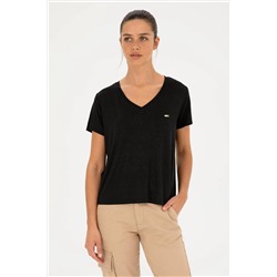 Женская серебристо-черная футболка с v-образным вырезом Скидка 50% в корзине