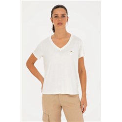 Женская серебристо-белая футболка с v-образным вырезом Скидка 50% в корзине