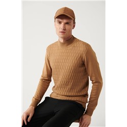 Мужской светло-коричневый трикотажный свитер, полуводолазка с воротником спереди, текстурированный хлопок, стандартный крой E005106
