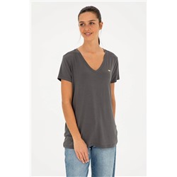 Женская базовая футболка антрацитового цвета с v-образным вырезом Неожиданная скидка в корзине