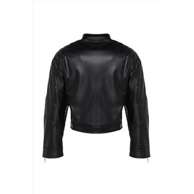 Черная укороченная байкерская куртка из искусственной кожи - Пальто TWOAW24MO00004
