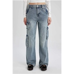 Широкие длинные джинсовые брюки карго с высокой талией