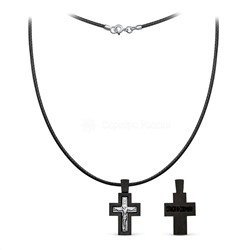 Колье с крестом из дерева граб на текстильном вощёном шнурке с элементом из родированного серебра - Распятие, 2 см ГК-014