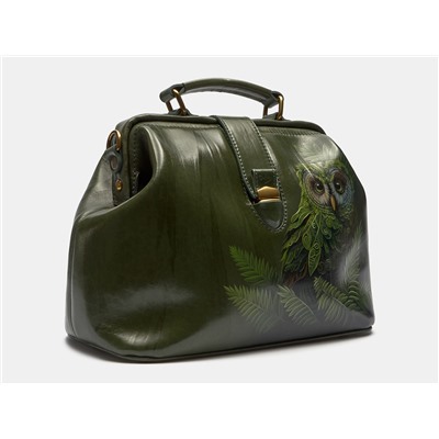 Зелёная кожаная сумка с росписью из натуральной кожи «W0023 Green Сова в папоротнике»