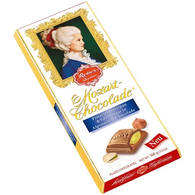 Reber Mozart-Chocolade Pistazienmarzipan & Edelnougat in Alpenmilch-Chocolade 100g
