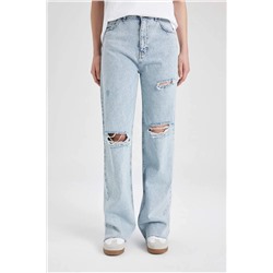 Длинные джинсовые брюки с широкими штанинами и рваными деталями и высокой талией в стиле 90-х годов