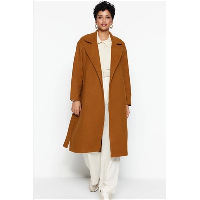 Светло-коричневое пальто с воротником на подкладке и поясом TCTAW22AB0008