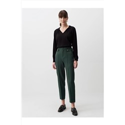 Темно-зеленые стильные тканевые брюки прямого кроя с завышенной талией