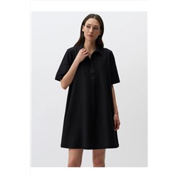 Черное базовое платье с рубашечным воротником и короткими рукавами