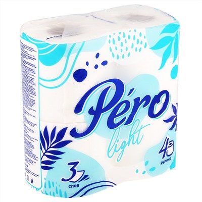 Туалетная бумага 3-х слойная "Pero Light", 4 рулона в упаковке, отрывной лист 14х10см, белый с цветным тиснением (Россия)