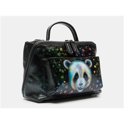 Черная кожаная сумка с росписью из натуральной кожи «W0038 Black Панда»
