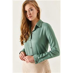 Женская зеленая однотонная рубашка с длинным рукавом ARM-18Y001176