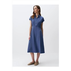 Пыльно-синее платье миди без рукавов с рубашечным воротником