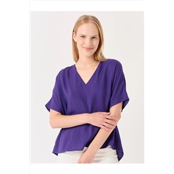 Пурпурная тканая блузка с V-образным вырезом и короткими рукавами баклажана