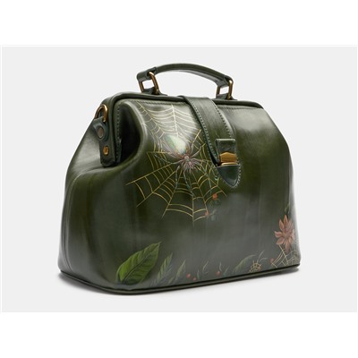 Зелёная кожаная сумка с росписью из натуральной кожи «W0023 Green Паук»