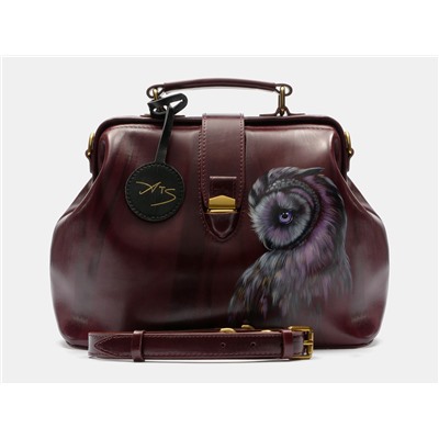 Бордовая кожаная сумка с росписью из натуральной кожи «W0023 Bordo Сова»