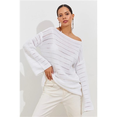 Женская белая длинная блузка из ажурного трикотажа с испанскими рукавами SMT199