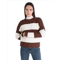 Коричневый женский свитер в полоску с круглым вырезом обычного кроя