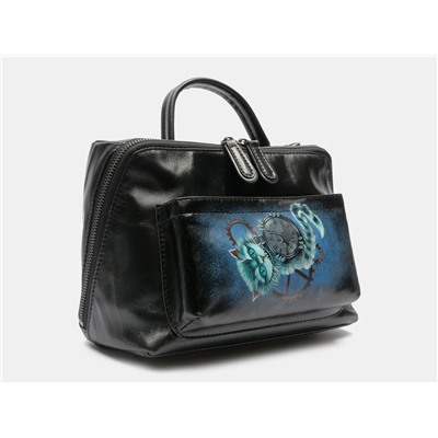 Черная кожаная сумка с росписью из натуральной кожи «W0038 Black Чешир и механизмы»
