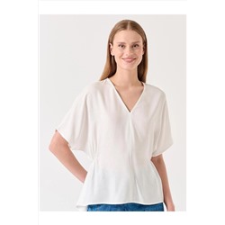 Белая тканая блузка с v-образным вырезом и короткими рукавами