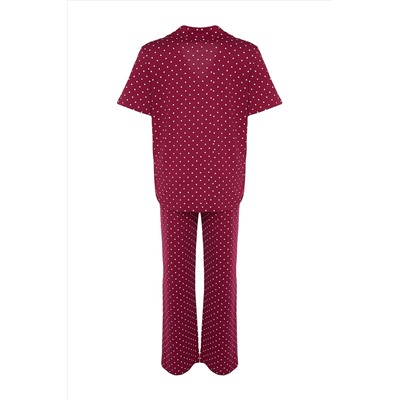 Бордово-красный вязаный пижамный комплект на пуговицах с принтом TBBSS22PT0710