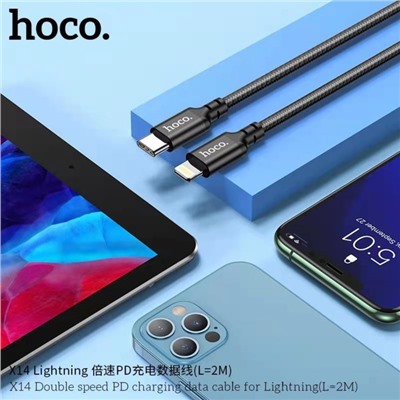 Кабель Hoco X14, Type-C - Lightning, 3 А, 2 м, быстрая зарядка, оплётка нейлон, чёрный