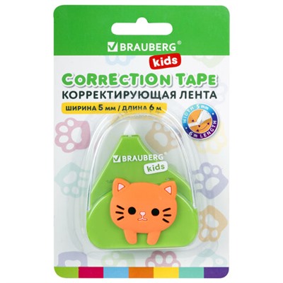 Корректирующая лента BRAUBERG KIDS "Котенок", 5 мм х 6 м, корпус ассорти, блистер, 272494