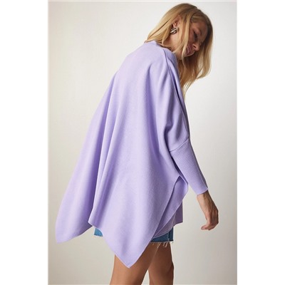 Женский сиреневый свитер-пончо оверсайз с боковыми разрезами YY00005