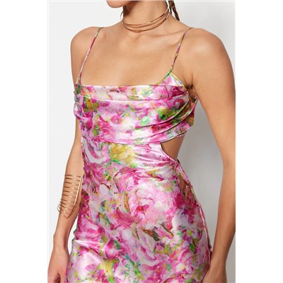 Элегантное вечернее платье из разноцветного атласа с цветочным узором TPRSS23EL00305