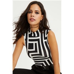 Женская короткая блузка без рукавов экрю-черного цвета с полуводолазкой LPP1200