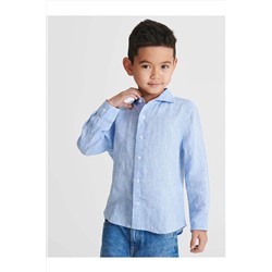 Голубая льняная рубашка без карманов современного кроя для мальчика bluekidslinen2023409615
