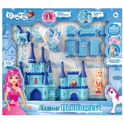 %DollyToy Игровой набор "Замок принцессы" (33х5,4х26 см, кукла 9 см, карета, лошадь, мебель, голубой)