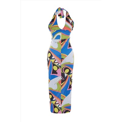 Разноцветное вязаное элегантное вечернее платье с окном/вырезом и детальным принтом TPRSS23EL00157