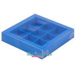 Коробка для конфет на 9 шт Синяя с пластиковой крышкой 155х155х30 мм