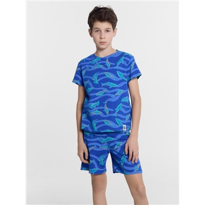 Комплект для мальчиков (футболка, шорты) синий с рыбками