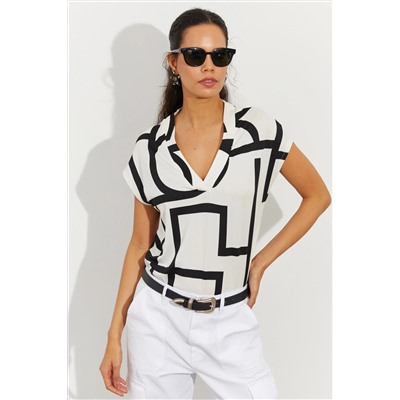 Женская белая блузка с v-образным вырезом с рисунком LPP1217