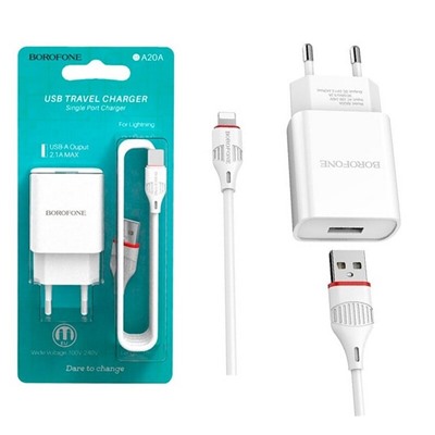 Сетевой адаптер питания BOROFONE BA20A 1USB 2.1A + кабель Lightning (белый)