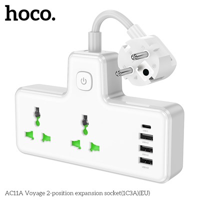 Переходник HOCO AC11A на 2 розетки + 3 USB + Type-C 3.1A (белый)