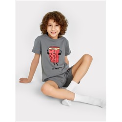 Комплект для мальчиков (футболка, шорты) серый с принтом лего и текстом