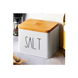 Емкость для соли 1,5 л 14*11*11 см "SALT" с деревянной крышкой, белая