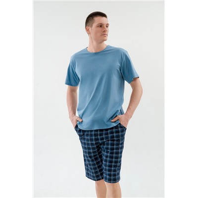 Пижама мужская из футболки с коротким рукавом и бридж из кулирки Генри серо-голубой