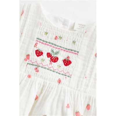 White Embroidered Strawberries Bloomer Romper (0mths-2yrs)