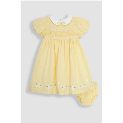 JoJo Maman Bébé Daisy Embroidered Peter Pan Smocked Party Dress