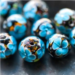 Бусина, Лэмпворк "Эустома", стекло, цвет черный/ярко-голубой, 12 мм