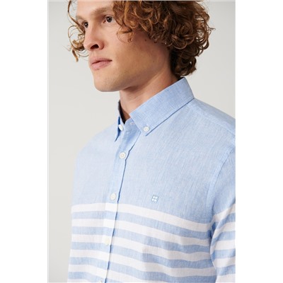 Синяя рубашка, приталенный крой с воротником на пуговицах и вставкой в полоску