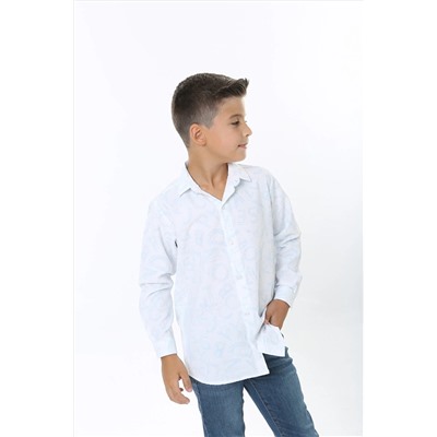 Детская белая рубашка из хлопчатобумажной ткани синего цвета с рисунком и буквами