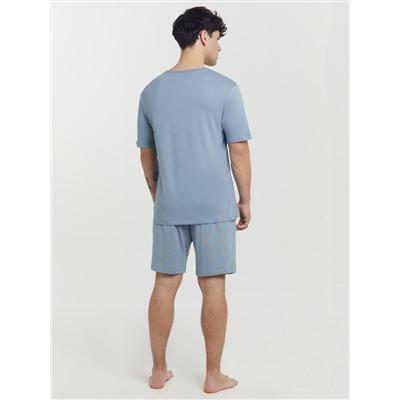 Комплект мужской (футболка, шорты) серо-голубой с принтом "лошади"