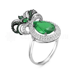 Кольцо из серебра с зелёным кварцем и фианитами родированное
