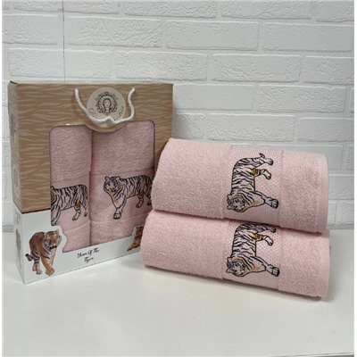Набор махровых полотенец Тигр LUX 2пр (50х90+70х140) 100 % хлопок розовый тол