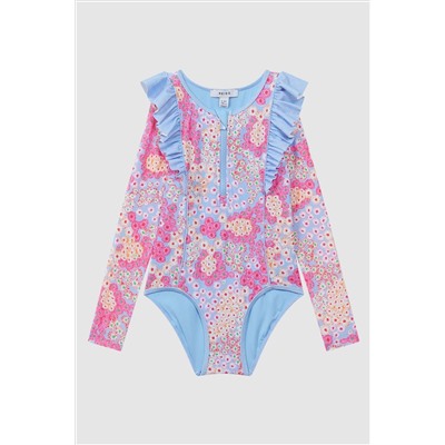 Reiss Poppy Floral Print Ruffle Long Sleeve Swimsuit